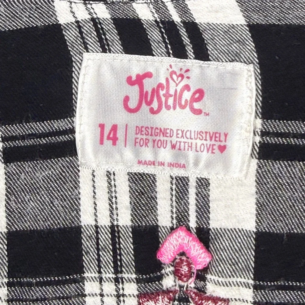 Justice Button Down Girls 14 Black White Plaid Pink Embroidered Flannel Shirt